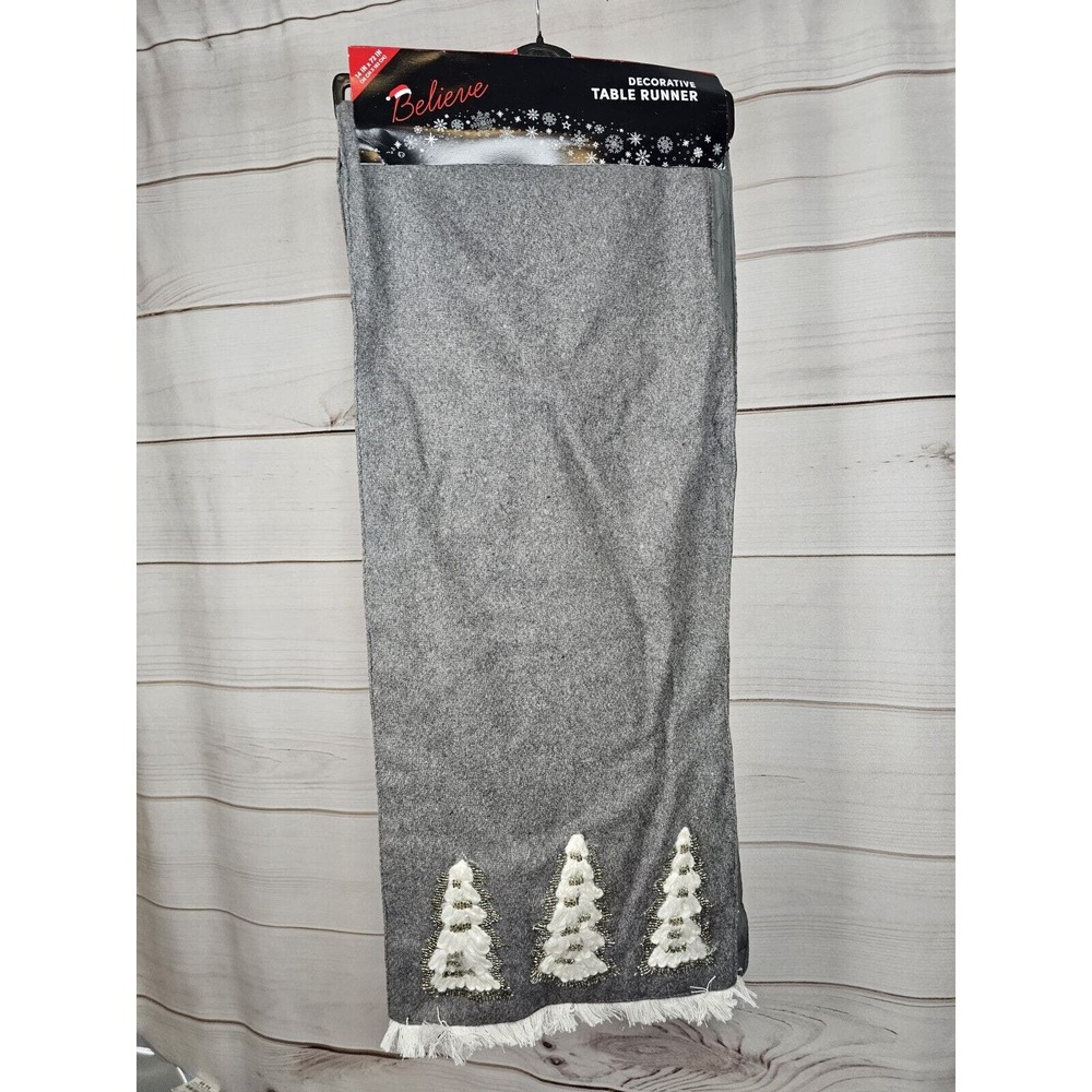 Believe Table Runner Rope Holiday Christmas Trees Fringe Design NEW